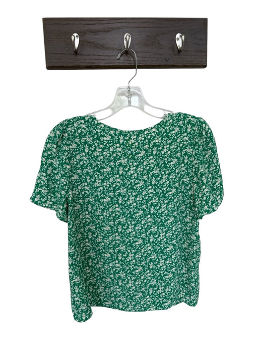 Sezane Size 36/S Green & Cream Viscose Short Sleeve Flowers Front Tie Top Green & Cream / 36/S