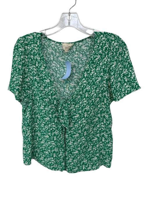 Sezane Size 36/S Green & Cream Viscose Short Sleeve Flowers Front Tie Top Green & Cream / 36/S