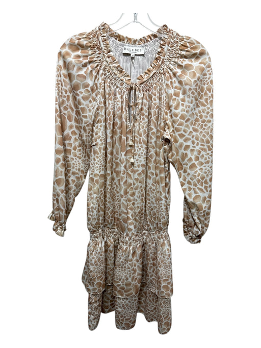 Hale Bob Size M Beige & Cream Polyester Tiered Balloon Sleeve Smocked Dress Beige & Cream / M