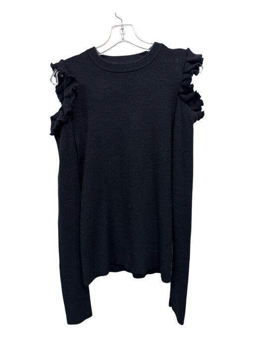 Saks Fifth Ave Size S Black Acrylic Rib Knit Cold Shoulder Ruffle Detail Sweater Black / S