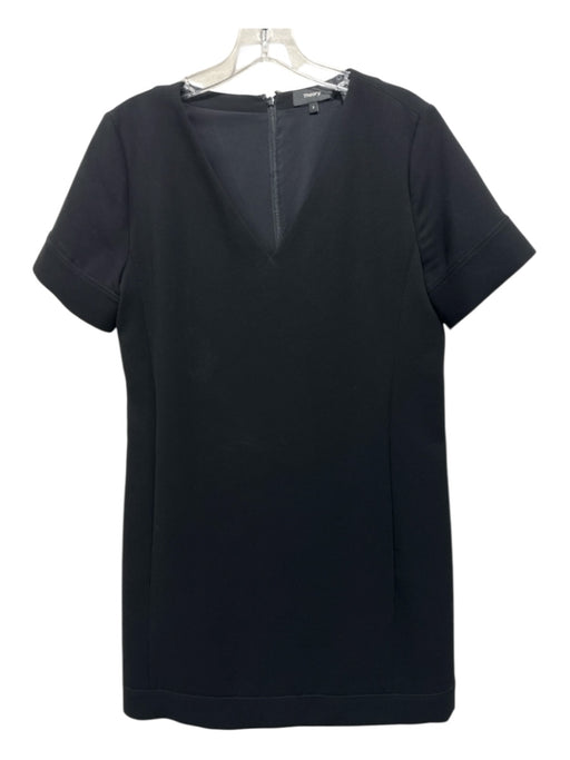 Theory Size 8 Black Triacetate Short Sleeve V Neck Back Zip Shift Dress Black / 8