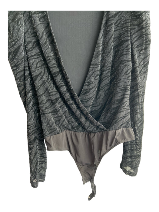 ASTR Size S Black Nylon body suit Zebra Sparkle Long Sleeve V Neck Top Black / S