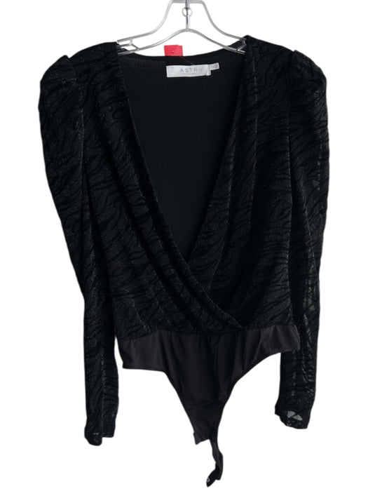 ASTR Size S Black Nylon body suit Zebra Sparkle Long Sleeve V Neck Top Black / S
