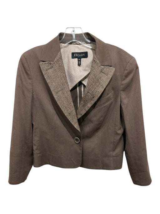 Escada Size 38 Taupe Brown Wool Blend Tweed Detail Shoulder Pads Cropped Jacket Taupe Brown / 38