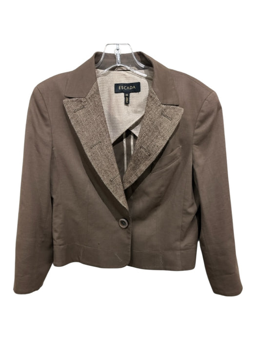 Escada Size 38 Taupe Brown Wool Blend Tweed Detail Shoulder Pads Cropped Jacket Taupe Brown / 38