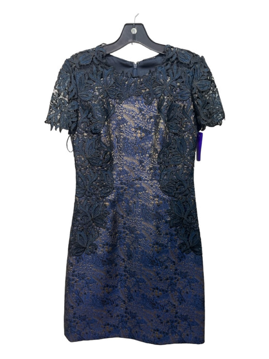 Elie Tahari Size 2 navy & gold Polyester Floral Jacquard Short Sleeve Dress navy & gold / 2