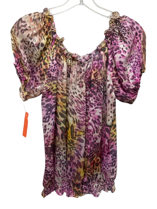 Lafayette 148 Size 4 Pink & Yellow Silk Off Shoulder Short Sleeve Semi Sheer Top Pink & Yellow / 4