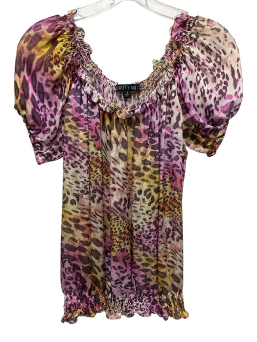 Lafayette 148 Size 4 Pink & Yellow Silk Off Shoulder Short Sleeve Semi Sheer Top Pink & Yellow / 4