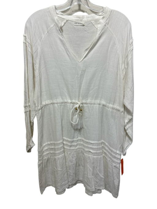 Avec Les Filles Size L White Cotton V Neck Drawstring Waist Long Sleeve Dress White / L