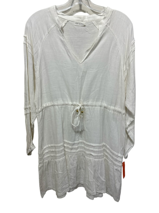 Avec Les Filles Size L White Cotton V Neck Drawstring Waist Long Sleeve Dress White / L