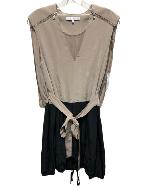 Tibi Size 2 Beige & Black Silk Colorblock Tie Waist cape detail back Dress Beige & Black / 2