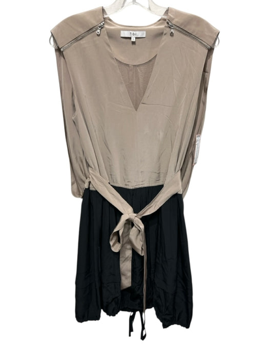 Tibi Size 2 Beige & Black Silk Colorblock Tie Waist cape detail back Dress Beige & Black / 2