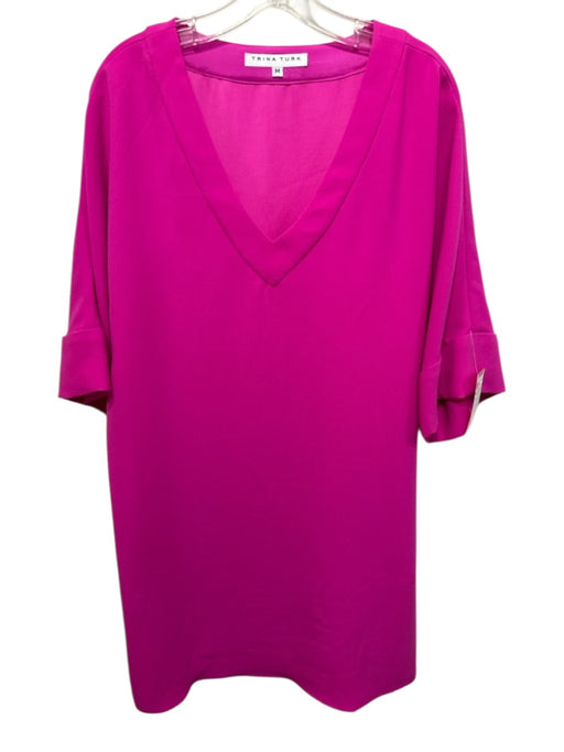 Trina Turk Size M Hot pink Poly Blend V Neck 1/2 Sleeve Above knee Solid Dress Hot pink / M