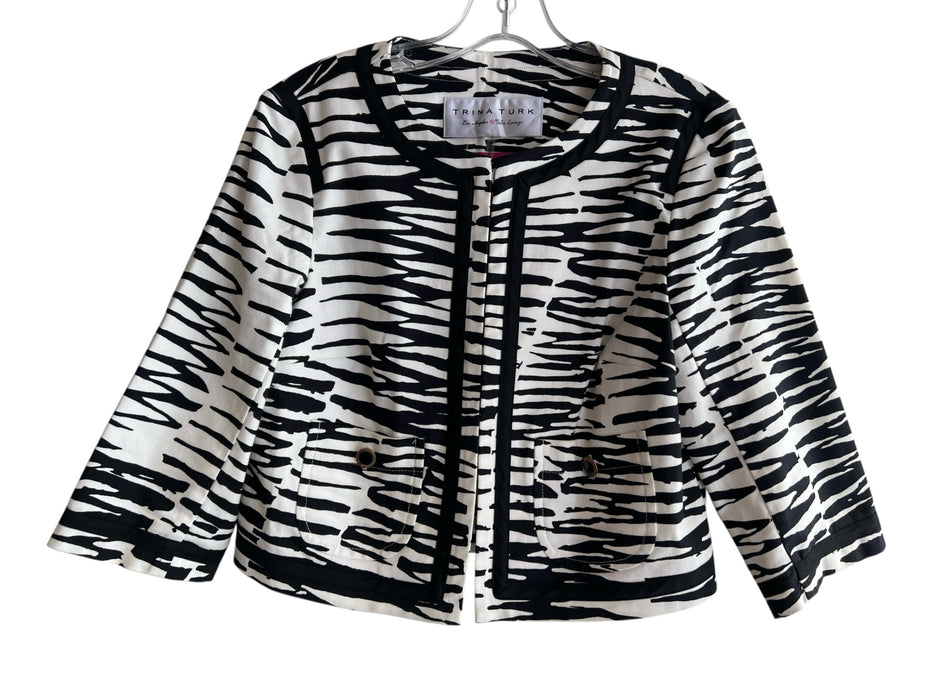 Trina Turk Size 4 Black & White Cotton Blend Zebra Round Neck Hook & Eye Jacket Black & White / 4