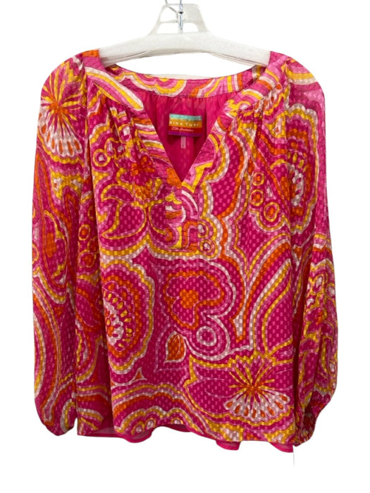 Trina Turk Size S/M Pink & Multi Silk & Viscose Split V Neck Top Pink & Multi / S/M