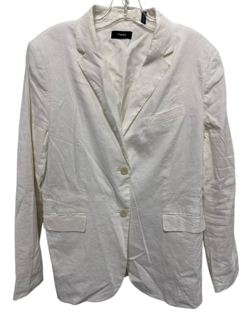 Theory Size 12 White Linen Blend Long Sleeve Two Button Flap Pockets Jacket White / 12