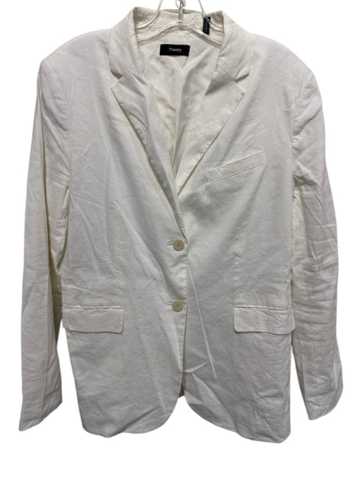 Theory Size 12 White Linen Blend Long Sleeve Two Button Flap Pockets Jacket White / 12
