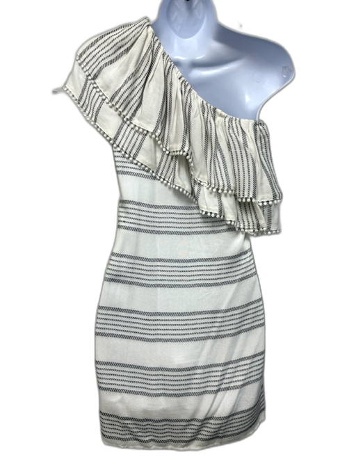 Saks Fifth Avenue Size XS White & Black Rayon One Shoulder Striped Ruffle Dress White & Black / XS