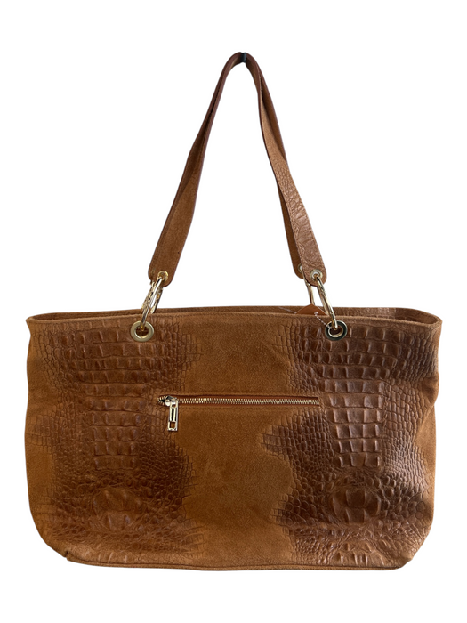 Vera Pella Brown Leather & Suede 2 Handles Tassel Goldtone Hardware Top Zip Bag Brown / Large