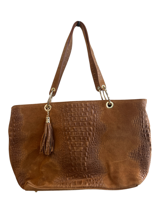 Vera Pella Brown Leather & Suede 2 Handles Tassel Goldtone Hardware Top Zip Bag Brown / Large