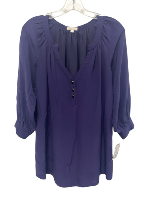 Shoshanna Size 0 Purple Silk Long Sleeve Button Detail Gathered Pleated Top Purple / 0