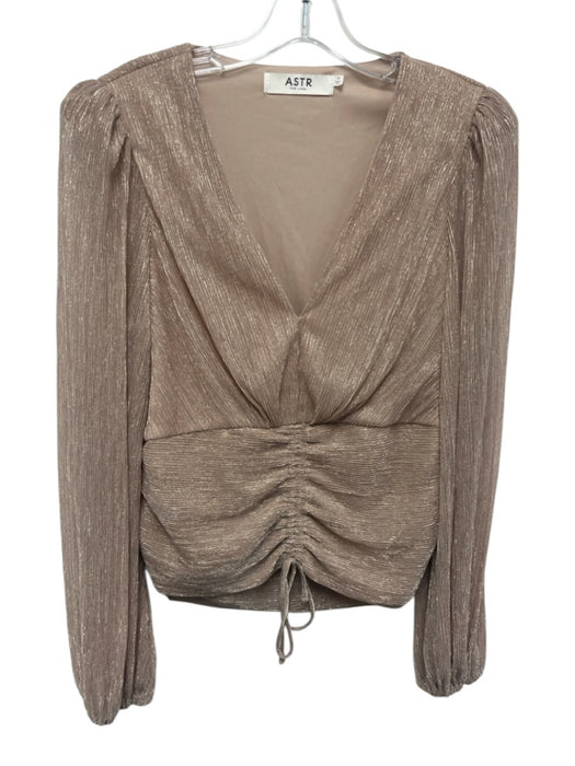 ASTR Size Medium Blush Beige Polyester Long Sleeve Metallic Thread V Neck Top Blush Beige / Medium