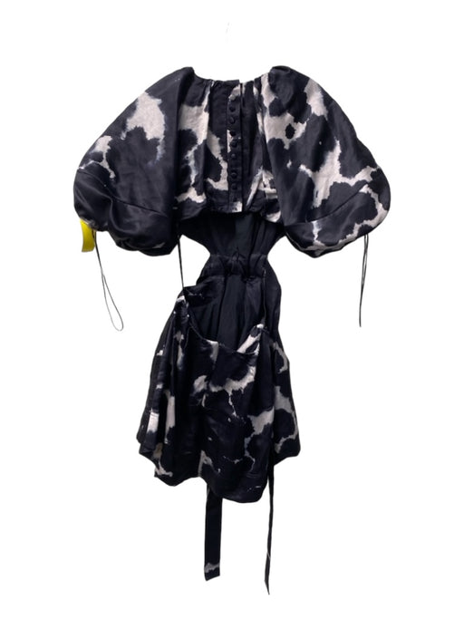 Aje. Size 4 Black & White Silk Blend Short Puff Sleeve Back Zip Back Tie Dress Black & White / 4