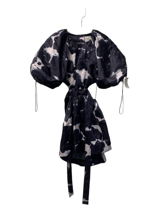 Aje. Size 4 Black & White Silk Blend Short Puff Sleeve Back Zip Back Tie Dress Black & White / 4