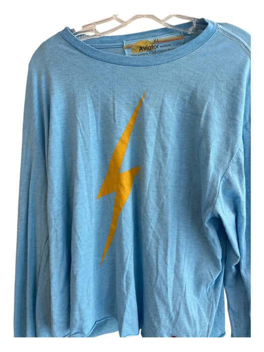 Aviator Nation Size XL Sky Blue Cotton Blend Long Sleeve Round Neck Cropped Top Sky Blue / XL