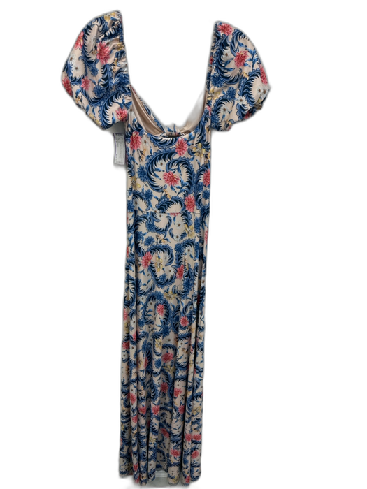 Agua Bendita Size M Cream Blue & Pink Polyester Blend Maxi Puff Sleeve Dress Cream Blue & Pink / M