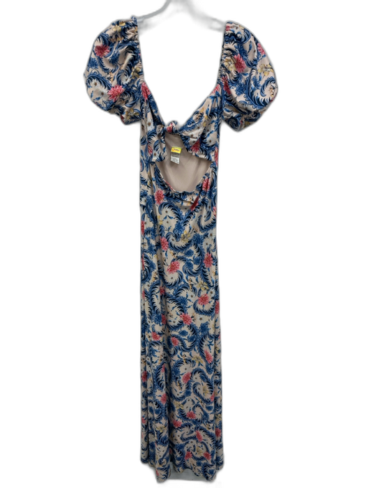 Agua Bendita Size M Cream Blue & Pink Polyester Blend Maxi Puff Sleeve Dress Cream Blue & Pink / M