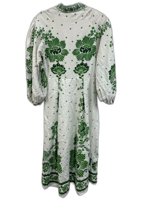 Farm Rio Size M White & Green Linen Blend Maxi V Neck stand collar Dress White & Green / M