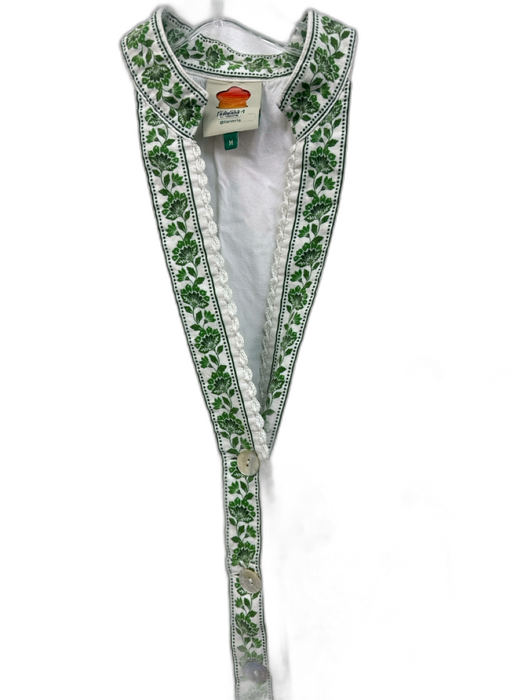 Farm Rio Size M White & Green Linen Blend Maxi V Neck stand collar Dress White & Green / M