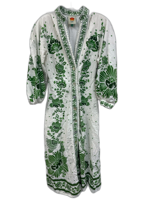 Farm Rio Size M White & Green Linen Blend Maxi V Neck stand collar Dress White & Green / M