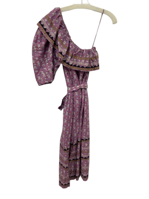 Sea New York Size S Purple Print Cotton Ruffle Trim One Sleeve Sash Midi Dress Purple Print / S