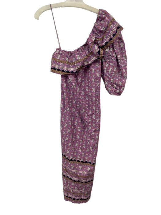 Sea New York Size S Purple Print Cotton Ruffle Trim One Sleeve Sash Midi Dress Purple Print / S