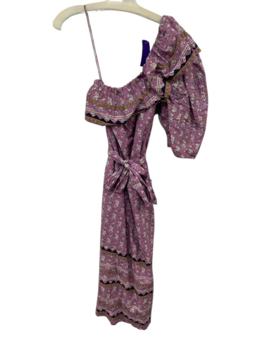 Sea New York Size S Purple Print Cotton Ruffle Trim One Sleeve Sash Midi Dress Purple Print / S