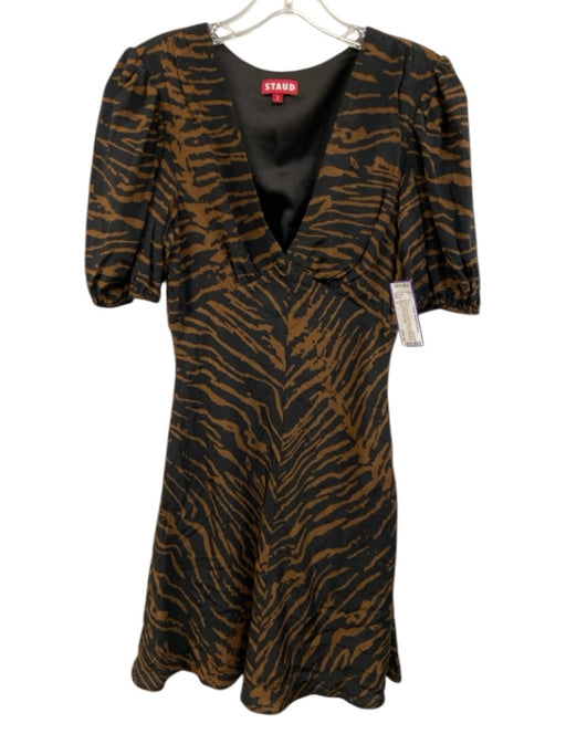 Staud Size 2 Brown & Black Rayon Blend Zebra Print Short Sleeve Side Zip Dress Brown & Black / 2