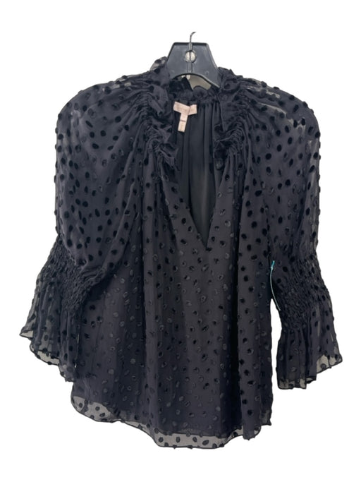 Rebecca Taylor Size XS Black Silk Blend Velvet Accent Polka Dot Sheer Sleeve Top Black / XS