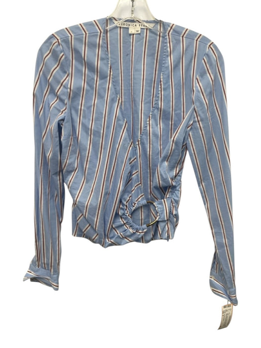 Veronica Beard Size 0 Blue, White &  Brown Cotton Blend Striped Wrap Effect Top Blue, White &  Brown / 0