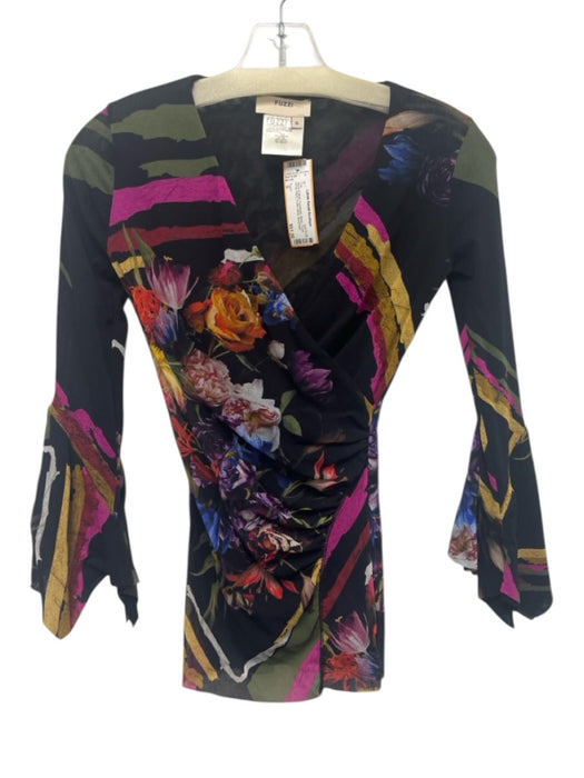 Fuzzi Size S Black & Multi Polyamide Mesh Floral Wrap Effect Flutter Wrist Top Black & Multi / S