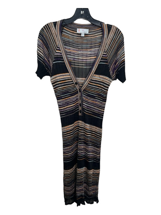 Missoni Size 46 Black & Multi Short Sleeve Striped Buttons Sheer Dress Black & Multi / 46