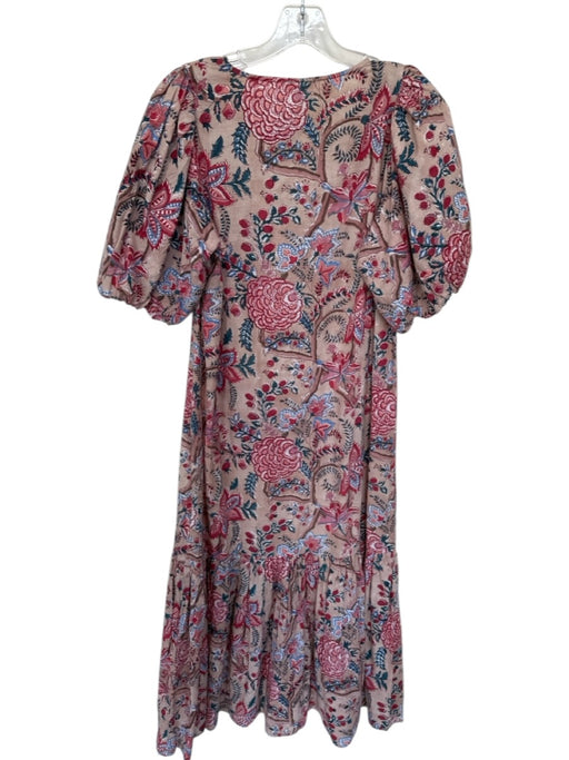 Anna Cate Size S Tan & Red Cotton 3/4 Balloon Sleeve Botanical V Neck Maxi Dress Tan & Red / S