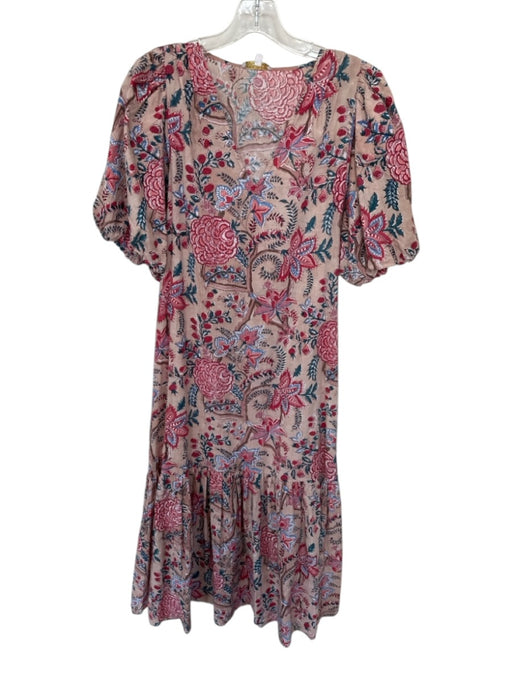 Anna Cate Size S Tan & Red Cotton 3/4 Balloon Sleeve Botanical V Neck Maxi Dress Tan & Red / S