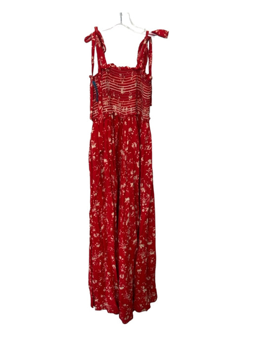 Free People Size S red & beige Viscose Tie Straps Floral Smocked Bodice Jumpsuit red & beige / S