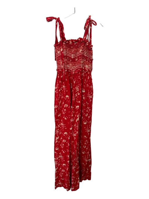 Free People Size S red & beige Viscose Tie Straps Floral Smocked Bodice Jumpsuit red & beige / S