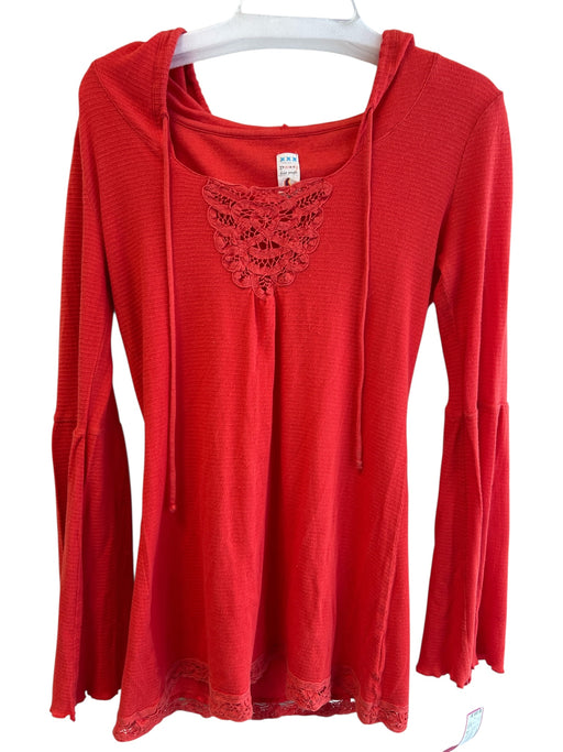 Free People Size M Red Cotton Blend Long Sleeve Hooded Lace Detail Top Red / M
