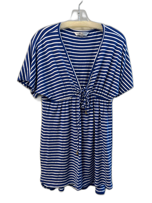 Trina Turk Size Large Blue & White Viscose Striped Short Sleeve V Neck Dress Blue & White / Large