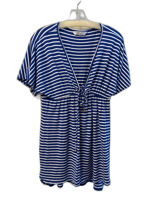 Trina Turk Size Large Blue & White Viscose Striped Short Sleeve V Neck Dress Blue & White / Large