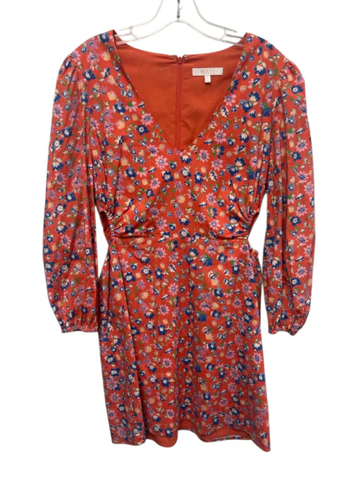 Wayf Size M Orange, Blue & Multi Cotton Blend Long Sleeve Floral V Neck Dress Orange, Blue & Multi / M